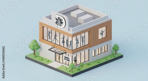 Isometric dance studio building illustration for dance classes ballet and modern dance school and academy design