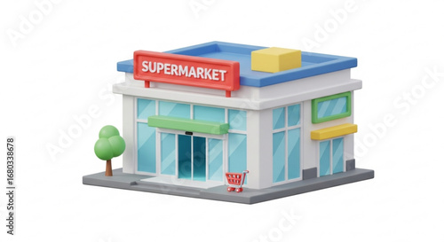 Supermarket grocery store building illustration retail shopping center commercial property cartoon style design