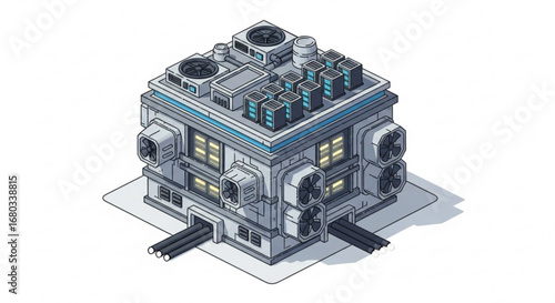 Isometric data center server farm building with cooling system and network infrastructure illustration asset