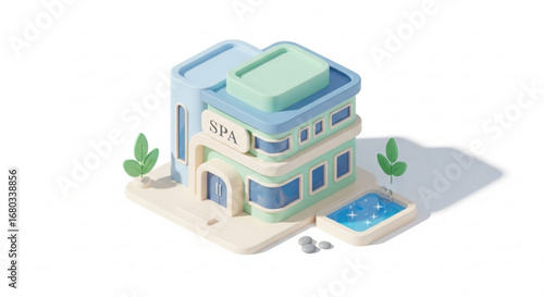 Isometric spa building design for wellness center and beauty salon promotion and relaxation destination marketing
