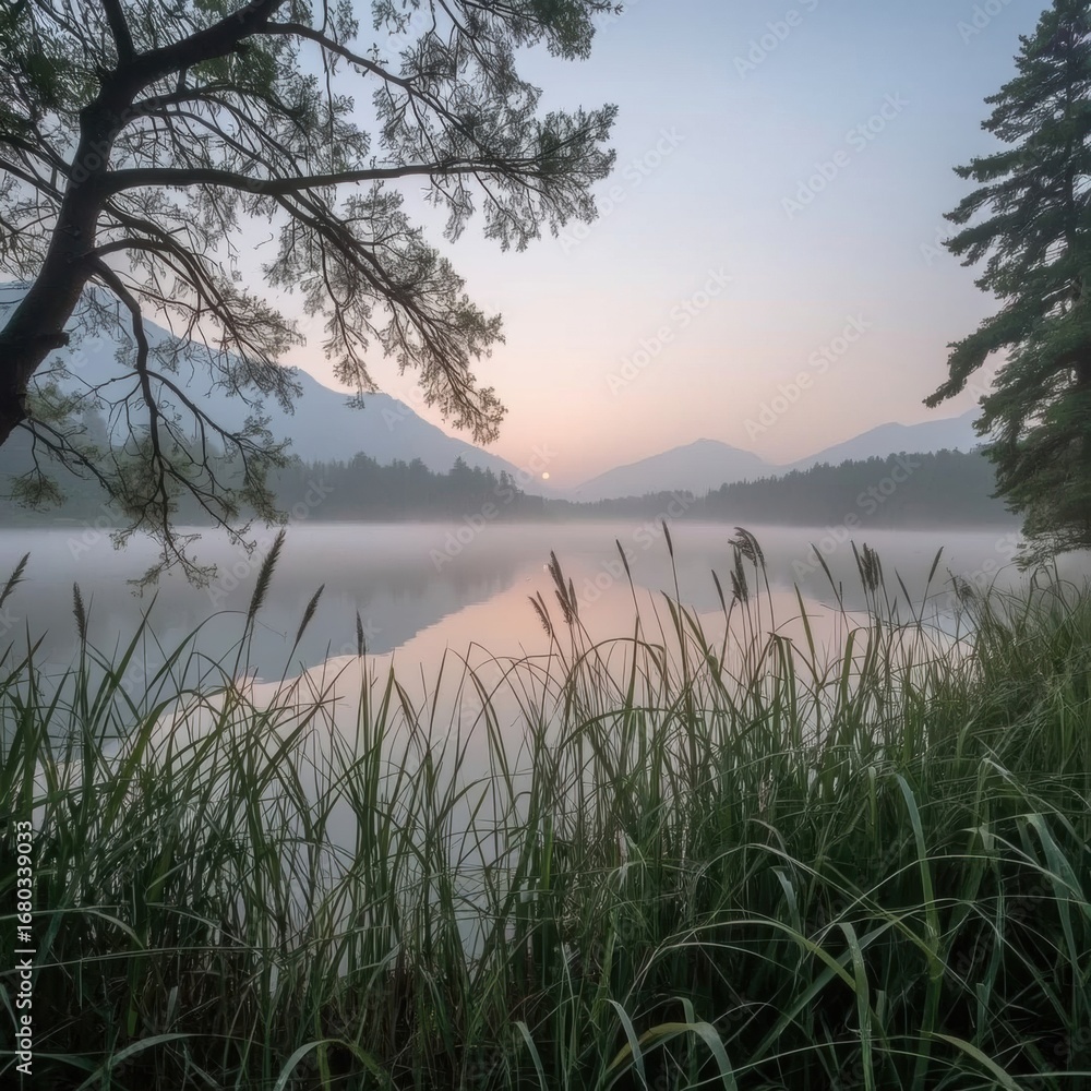 Fototapeta premium Foggy lake at dawn with tall grass 2