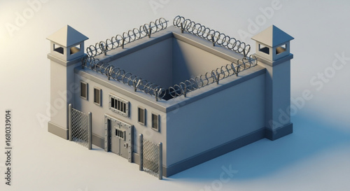 Isometric prison building security barbed wire fence jail correctional facility architecture design render