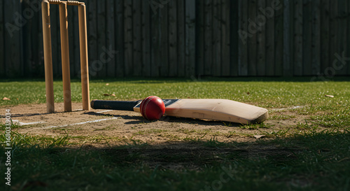 Cricket Equipment on Grass Field in Backyard with Wooden Fence