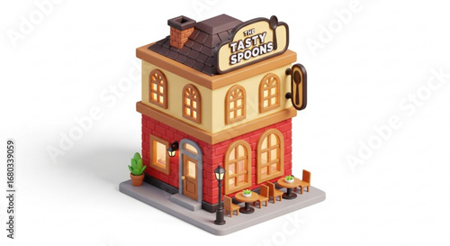 Tasty spoons restaurant building cartoon style isometric view cute cafe shop architecture illustration rendering