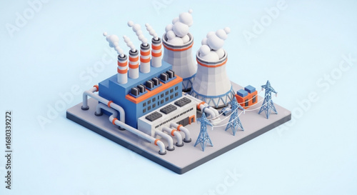 Isometric nuclear power plant energy generation facility with cooling towers and power lines illustration