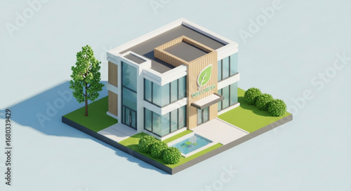 Isometric wellness center building with pool and green tree for health and relaxation architecture design