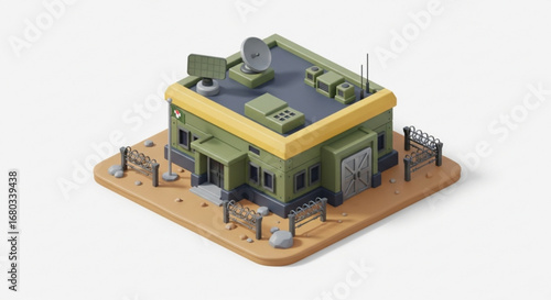 Isometric military base building cartoon style with radar and antenna for game asset and design project