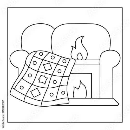 Black and white line art illustration of a comfortable armchair with a blanket and a lit fireplace