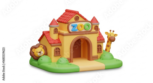 Zoo entrance with lion and giraffe animal figures cute cartoon style for kids learning and education playhouse