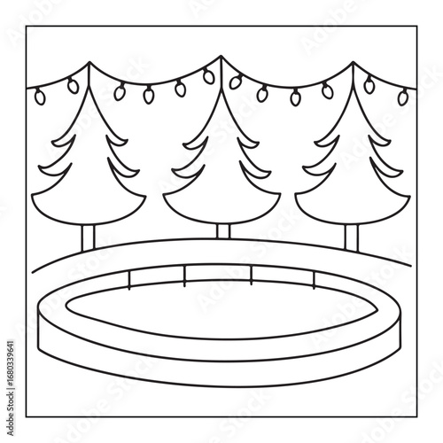 Black and white outline drawing of an ice skating rink with Christmas trees and string lights winter