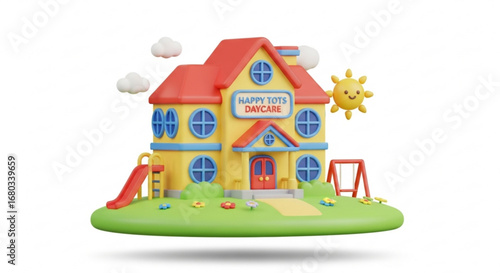 Happy tots daycare center building with playground slide and swing set for children learning and playing time
