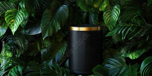 Statement piece: black speaker with gold edge surrounded by tropical greenery Stock photo