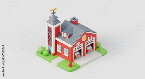 Isometric fire station building with fire trucks and tower cartoon style emergency service architecture model
