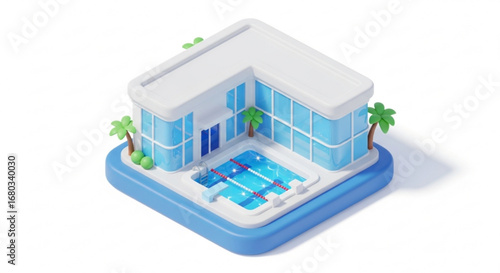 Isometric swimming pool building vector, public swimming pool, water park, aquatic center, swimming lessons vector