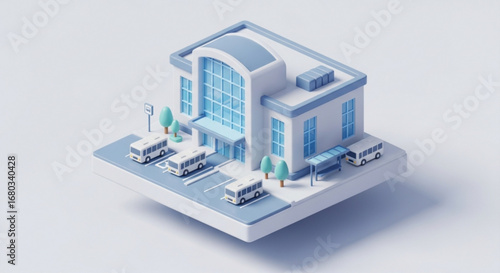 Isometric bus station terminal building with buses and trees vector illustration design concept for travel 3d
