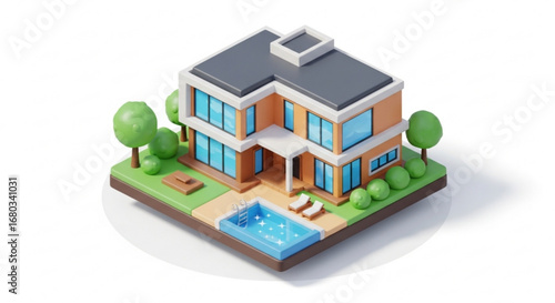 Isometric modern house with pool and garden for real estate property listing and architectural visualization