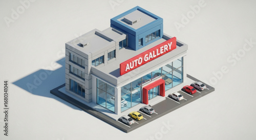 Auto dealership showroom building with cars parked outside for sale and automotive business presentation view
