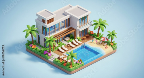 Luxury modern house villa with pool and beach landscape for real estate and vacation rental property search