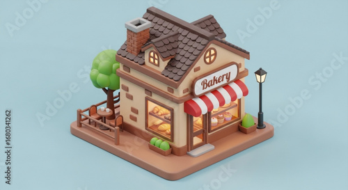 Cute bakery shop isometric illustration with pastries and outdoor seating for a charming bakery scene design