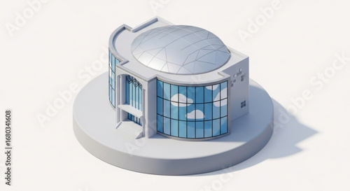 Isometric building architecture design with glass dome and windows, modern architectural visualization style