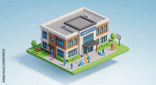 Isometric community center building with people, basketball court, and picnic table for recreation uses