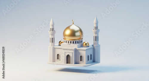 Islamic mosque building architecture design with golden dome for ramadan kareem and eid mubarak celebration