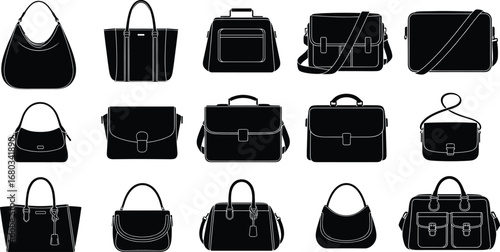 Collection of black handbags silhouettes, various purse designs, shoulder bags, tote bags, satchels, fashion accessories, leather bags, stylish handbags, versatile bags, women's bag collection