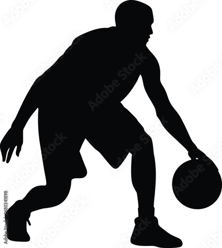 Vector silhouette of a basketball player dribbling the ball in an athletic pose.