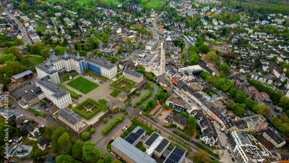 Naklejka premium Aerial view around the old town of the city Bensberg Bergisch Gladbach, Germany on a sunny spring morning