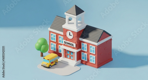 Isometric school building with school bus and tree for education back to school design and learning concept