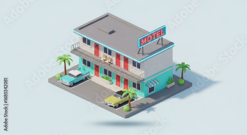 Retro motel building illustration with classic cars and palm trees for travel and vacation vibes scene