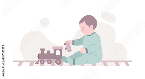 Adorable Infant Interacting With Wooden Toy Train on Pastel Tracks