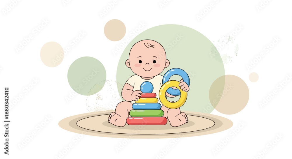 Naklejka premium Adorable Infant Playing With Colorful Rings on a Soft, Neutral-Toned Background