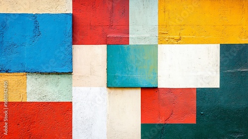 Textured concrete wall, painted in geometric blocks of vibrant colors
