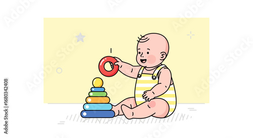 Adorable Infant Playing With a Colorful Stacking Toy, Joyful Moments, Cute Illustration
