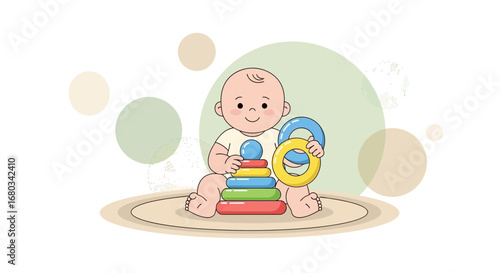 Adorable Infant Playing With Colorful Rings on a Soft, Neutral-Toned Background
