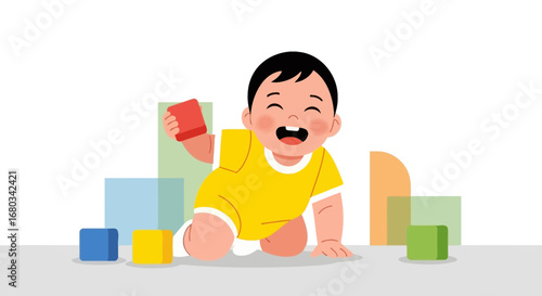 Adorable Infant Playing With Colorful Blocks Demonstrating Developing Skills and Happiness