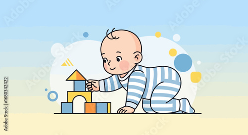Adorable Infant Playing With Colorful Blocks, Building a First Home In Playtime Forever