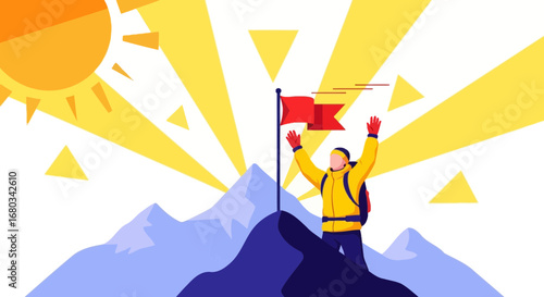 Achieve Your Goals: A Climber Reaches a Mountain Summit with Flag in Triumph