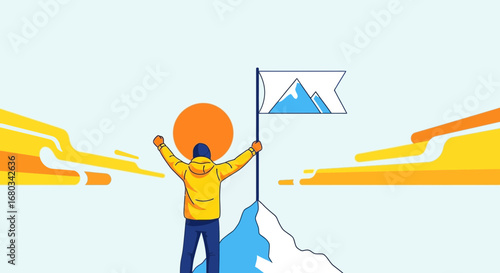 Achieving Goals: Person Celebrating Victory atop Mountain Peak with Sun and Flag