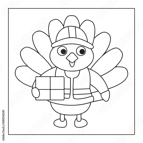 Cute Cartoon Turkey Wearing Hard Hat and Vest Holding Gift Box Coloring Page character bird