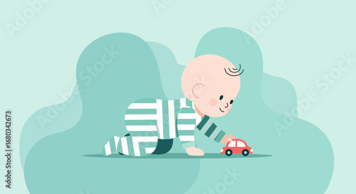 Adorable Infant Reaching Toward a Toy Car During Playful And Delightful Moments