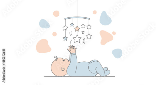 Adorable Infant Reaching For Starry Mobile Cartoon Depicting Peaceful Childhood Moments