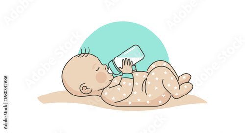 Adorable Infant Relaxing While Drinking Milk From A Bottle During Feeding Time