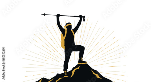 Achieving The Peak: A Silhouette Of Triumph On A Mountain Summit, Reaching Success