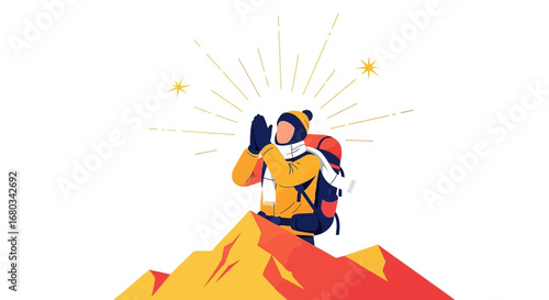 Achieving The Summit: A Climber Celebrates Success Atop a Mountain Under Shining Stars