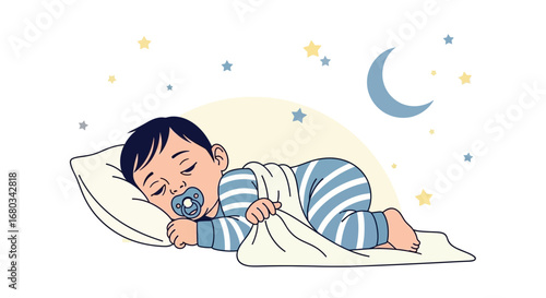 Adorable Infant Sleeping Soundly Under Crescent Moon With Celestial Decorations