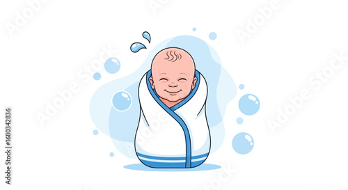 Adorable Infant Smiling And Wrapped In A Cozy Towel, Bath Bubbles Surrounding, Illustration