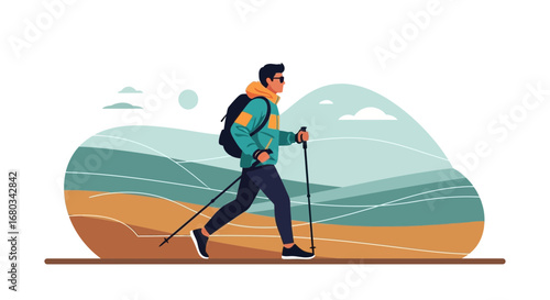 Active Hiker Exploring Trails With Backpack And Trekking Poles: Outdoor Adventures