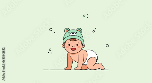 Adorable Infant Wearing a Bear Hat Crawling Happily with a Cute Expression
